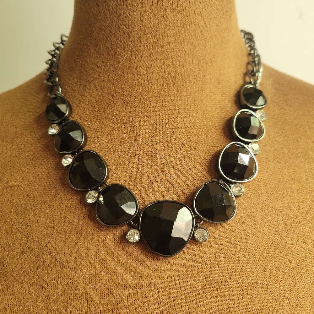 Jones New York Gunmetal Black Faceted Stone Statement Necklace 16-19" Whimsigoth